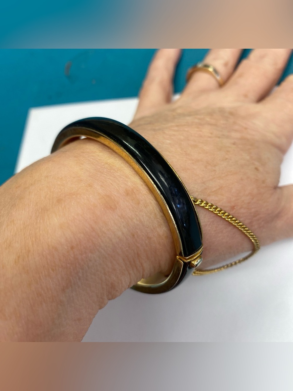 Gold-Tone Black Enamel Hinged Bangle Bracelet